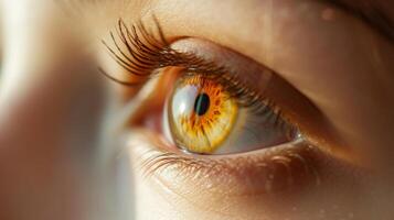 ai generado de cerca de un ojo con un amarillo tinte. perfil de un linda caucásico adolescente. macro fotografía. selectivo enfocar. foto