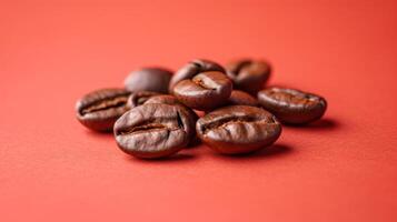 AI generated Dark Roasted Coffee Beans Close-up on Red Background, Shiny Oily Beans Piled in Random Pattern photo