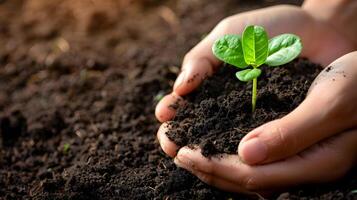 AI generated Human palms hold soil with a green small plant as a concept for business development. AI Generated photo