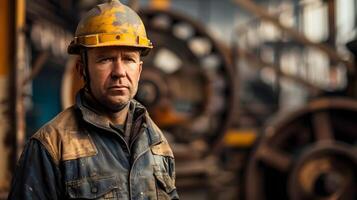 ai generado retrato de un trabajando hombre en un uniforme y un difícil sombrero. ai generado foto