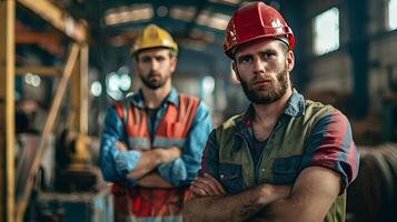 AI generated Portrait of a working man in a uniform and a hard hat. AI Generated photo