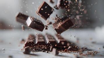 AI generated Sweet dark chocolate bar broken into pieces. AI Generated photo