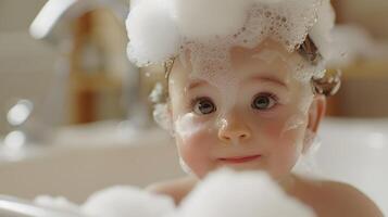 AI generated A cute little child with little foam on his head. AI Generated photo