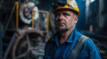 AI generated Portrait of a working man in a uniform and a hard hat. AI Generated photo