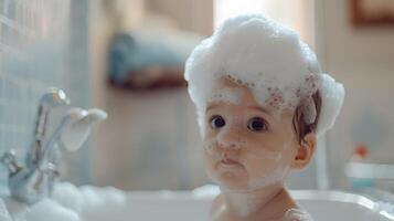 ai generado un linda pequeño niño con pequeño espuma en su cabeza. ai generado foto