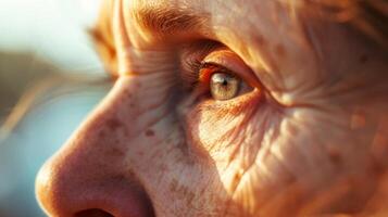 AI generated Close-up portrait of an elderly womans eye with crows feet and freckles on her face photo