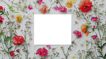 AI generated Floral frame of wild and decorative flowers with postcard template for text. Flower arrangement on a white background and blank paper. photo