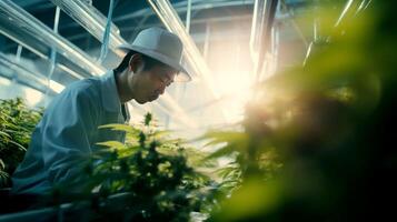 AI generated Asian man marijuana researcher checking marijuana cannabis plantation in cannabis farm. photo