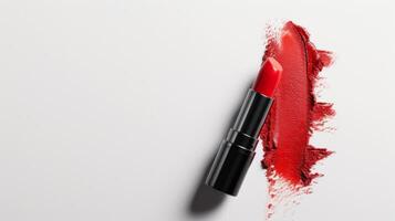 ai generado vibrante rojo mate lápiz labial con lustroso terminar en blanco antecedentes para negrita maquillaje mirar. foto