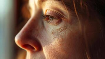 ai generado de cerca retrato de un mayor mujeres ojo con cuervos pies y pecas en su cara foto