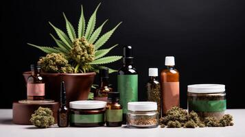 AI generated Diverse array of cannabis-related products displayed on a contrasting black and black background. photo