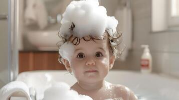 AI generated A cute little child with little foam on his head. AI Generated photo