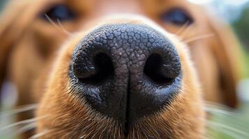 AI generated Close-up view of a charming dogs nose with intricate details, tiny hairs, and adorable features photo