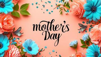 AI generated Mother's Day background with bright flowers and butterflies. Spring banner on a peach background with the text Mother's Day. photo