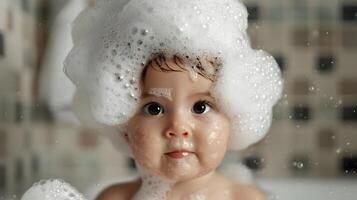 AI generated A cute little child with little foam on his head. AI Generated photo