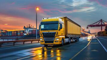 AI generated Truck trailer on the pier in the cargo port terminal with cranes and containers. AI Generated photo