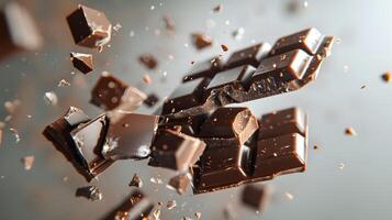 AI generated Sweet dark chocolate bar broken into pieces. AI Generated photo