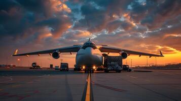 AI generated A cargo plane at the airport docks loads or unloads cargo. AI Generated photo