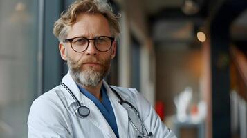 ai generado retrato de un masculino médico trabajador con un estetoscopio. ai generado foto