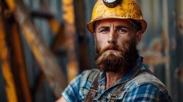 AI generated Portrait of a working man in a uniform and a hard hat. AI Generated photo