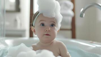 ai generado un linda pequeño niño con pequeño espuma en su cabeza. ai generado foto