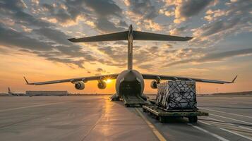 AI generated A cargo plane at the airport docks loads or unloads cargo. AI Generated photo