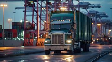 AI generated Truck trailer on the pier in the cargo port terminal with cranes and containers. AI Generated photo