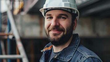 ai generado un hombre, un obrero, un constructor por profesión, en un uniforme y un casco. ai generado foto