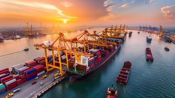 AI generated A ship for transporting cargo containers and also unloading it at the docks of a cargo port. AI Generated photo