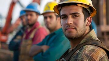 AI generated Portrait of a working man in a uniform and a hard hat. AI Generated photo