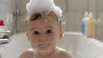 ai generado un linda pequeño niño con pequeño espuma en su cabeza. ai generado foto