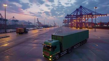 AI generated Truck trailer on the pier in the cargo port terminal with cranes and containers. AI Generated photo