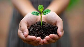 ai generado humano palmas sostener suelo con un verde pequeño planta como un concepto para negocio desarrollo. ai generado foto