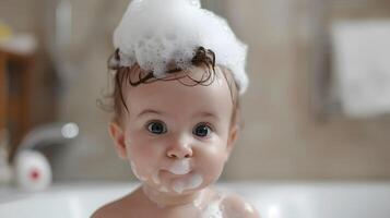 ai generado un linda pequeño niño con pequeño espuma en su cabeza. ai generado foto