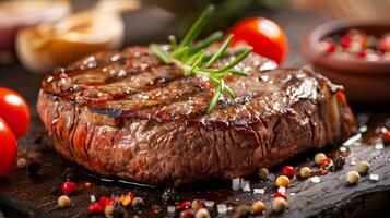 AI generated Fresh juicy delicious beef steak on a dark background. AI Generated photo