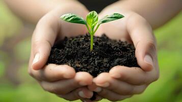 AI generated Human palms hold soil with a green small plant as a concept for business development. AI Generated photo