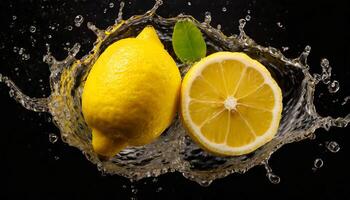 AI generated Two lemons in water splash Generated Image photo