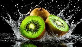 AI generated three kiwi in the water drops Generated Image photo