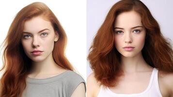 AI Generated Two redheaded women with freckles and blue eyes looking at camera, isolated on white background photo