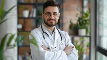 ai generado retrato de un masculino médico trabajador con un estetoscopio. ai generado foto