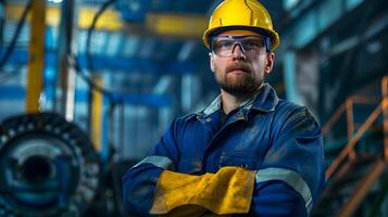 AI generated Portrait of a working man in a uniform and a hard hat. AI Generated photo