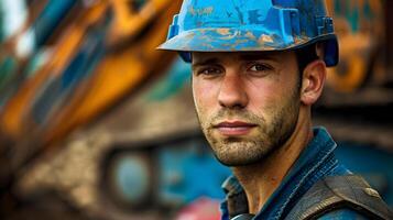 AI generated Portrait of a working man in a uniform and a hard hat. AI Generated photo