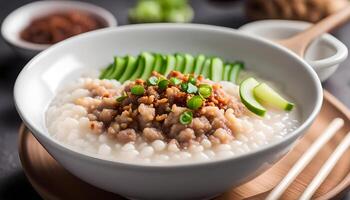 AI generated Congee with minced pork in bowl photo