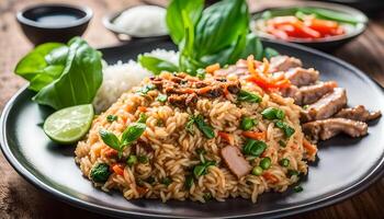 AI generated Basil fried rice with pork , Thai food photo