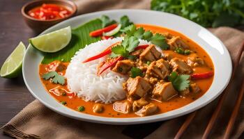 ai generado rojo curry con Cerdo y arroz , tailandés comida foto