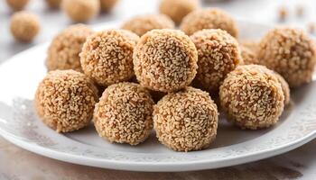 AI generated Sesame seed balls on white plate photo