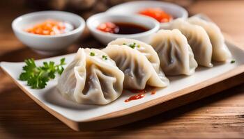 AI generated Steamed dumplings on wooden plate photo