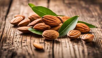 AI generated Almond with leaves on wooden table photo