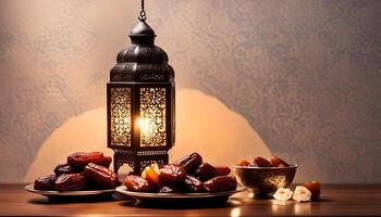 AI generated Ramadan lamp and dates still life photo