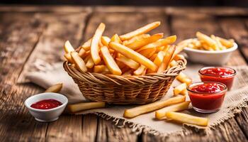 ai generado francés papas fritas en cesta y salsa de tomate en de madera mesa foto